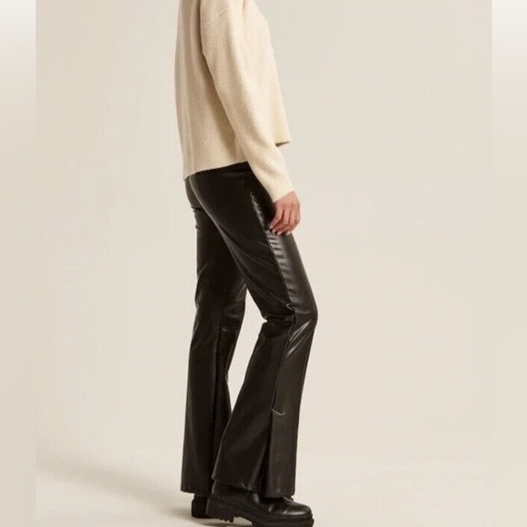 NWT ABERCROMBIE & FITCH Vegan leather flare leg split hem pants Black Small - Picture 2 of 10